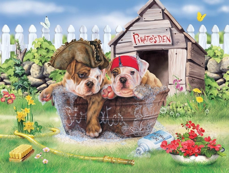 PUPPY PIRATES - house, tub, dog, puppies