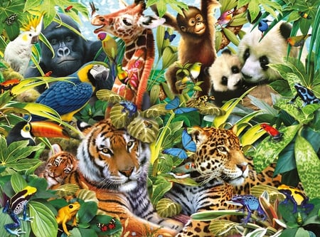 TIGERS  BEARS BIRDS - birds, jigsaw, jungle, tiger, bears