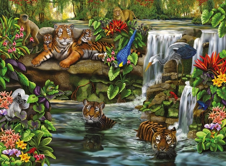 BATH TIME - bath, cats, tigers, waterfall