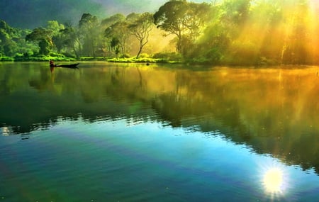 Glory of nature - trees, blue, gold and yellow, beauty, sunrise, reflection, rays, green, lake