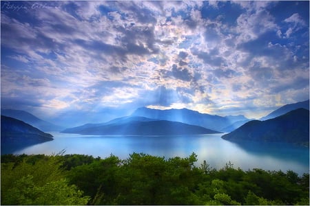 Morning rays - morning, sky, lake, clouds, blue, green, shore, cliffs