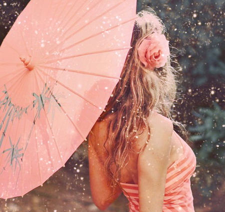 Spring shower - woman, floral, trees, pink, umbrella, blond, shower, spring