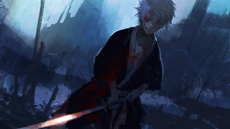 Gintama - male, swor, gintama, blue eyes, blood, sakata gintoki, cool, monochrome, katana, weapon, anime, sword, japanese clothes