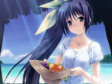 Want some? - clouds, pretty, anime, ponytail, summer, beach, cool, long hair, kawai, itoh noemi, fruit, black hair, cute