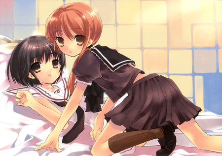 Yuri - anime, skirt, school, seifuku, cool, lesbian, uniform, girls, bed, itou noiji, sexy, yuri