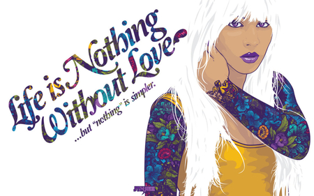 Life is nothing without love - tattoo, white, female, blonde, vector, quote, love, art