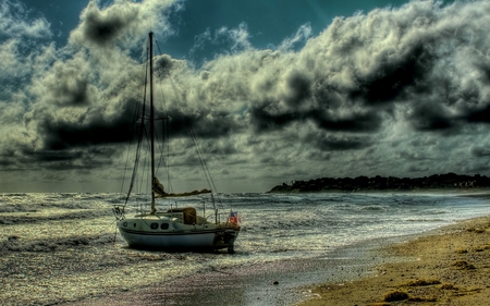 Sailing - summer, beach, boat, splendor, reflection, sailboats, sand, sailing, view, sky, flag, clouds, beautiful, sea, beauty, colors, lovely, ocean, boats, nature, sailboat, waves, peaceful