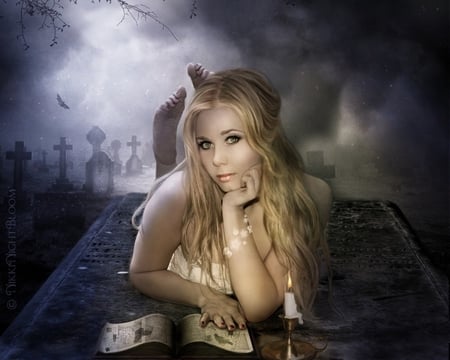 Her Hideaway - cemetery, woman, book, hideaway, candle, blonde, night