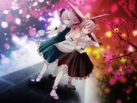 touhou - girls, konpaku youmu, grey eyes, s syogo, red eyes, touhou, katana, anime, blush, friends, sword, weapons, cute, inubashiri momiji