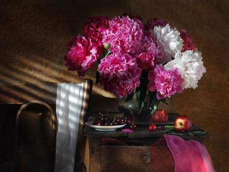 Still Life - pretty, romantic, cherry, romance, pink, flowers, peony, red, fruits, cherries, sunlight, beautiful, photography, beauty, colors, lovely, still life, peonies, chair, colorful, white, nature