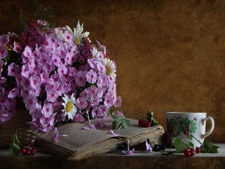 Still Life - pretty, romantic, book, daisy, romance, pink, flowers, daisies, purple, for you, purple flowers, beautiful, photography, beauty, colors, lovely, with love, still life, petals, bouquet, basket, colorful, white, nature, cup