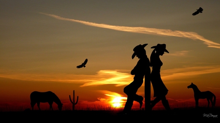 Western Romance - romance, western, love, firefox persona, horse, cowgirl, sunset, cowboy, cactus, eagles, sky