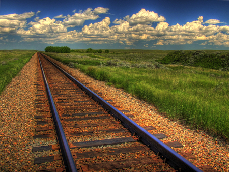 Railroad tracks - clouds, tracks, railroad, summer, blue, image, grass, white, nature, hdr, sky