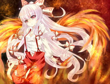 Fujiwara No Mokou - female, hot, magic, anime girl, fire, fujiwara no mokou, touhou, cool, fire wings, hot fire, white hair