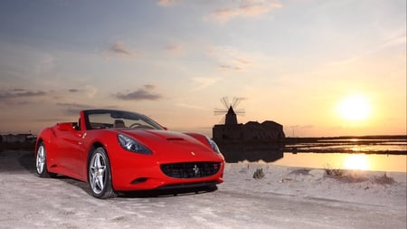 Ferrari at Sunset - sunse, convertible, beach, red, california, windmill, ferrari