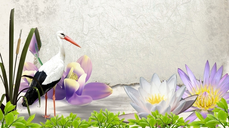 Heron Lily Pond - bird, lilies, cat tail, water lily, firefox persona, leaves, heron, green, plants