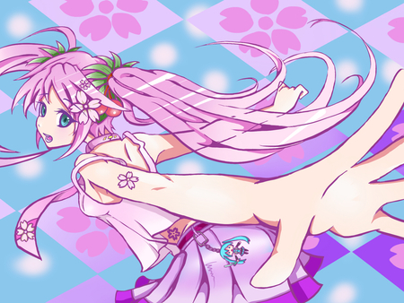 Sakura Miku - outfit, virtual, miku, digital, vocaloids, song, sakura miku, uniform, singer, purple, cool, pink, awesome, flowers, vocaloid, thighhighs, anime, twintail, cg, petals, skirt, beauitful, hatsune, black, cute, girl, anime girl, white, pink hair, program, aqua eyes, artistic, pretty, aqua, beauty, sakura, art, diva, nice, tie, idol, music, hatsune miku