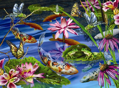 FROGS EYE VIEW - frogs, dragonflies, fish, butterflies