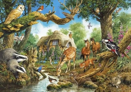 WOODLAND CREATURES - creature, jigsaw, puzzle, woodland, stream