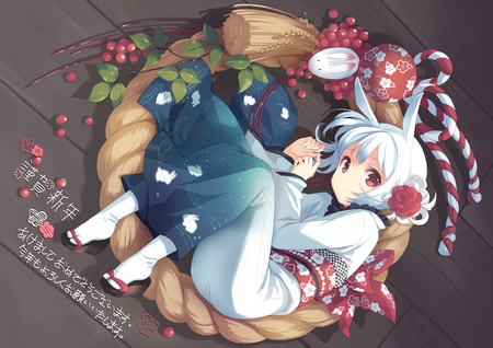 bunneh girl - red eyes, cute, white hair, animal ears, yukata, bunny ears