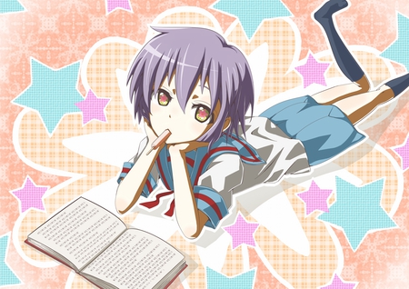 nagato yuki - yellow eyes, book, cute, seifuku, suzumiya haruhi no yuutsu, stars, purple hair, hearts