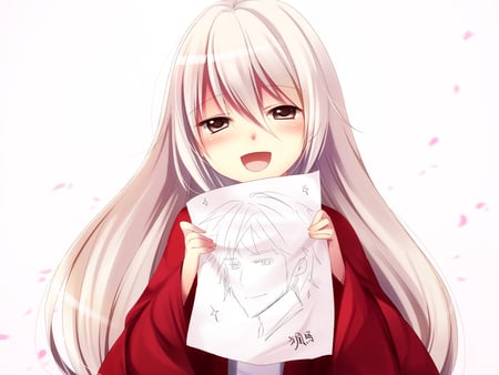 Tagme - yellow eyes, white, blush, kimono, long hair, white hair