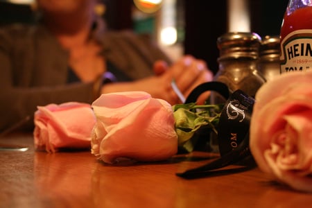 roses - roses, pink, bouquet, bottles, still life