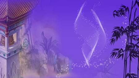 Oriental Mirage - puple, light, bell, waterfall, oriental, firefox persona, bamboo, temple, orient