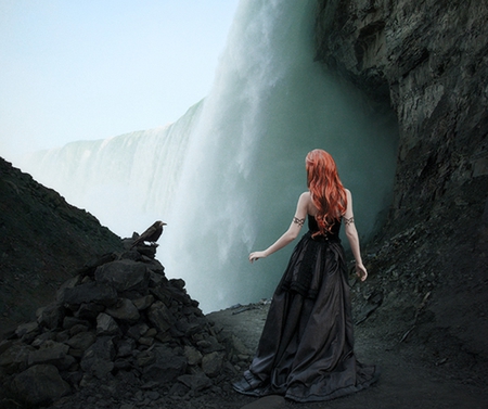 Lady of the Falls - woman, fall, lady, red, hair, black, raven, dress