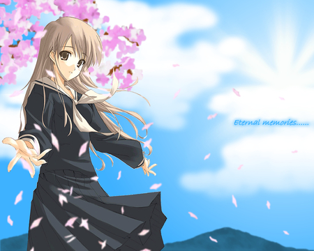 Anime cutie - sakura flowers, dress, cute, sky