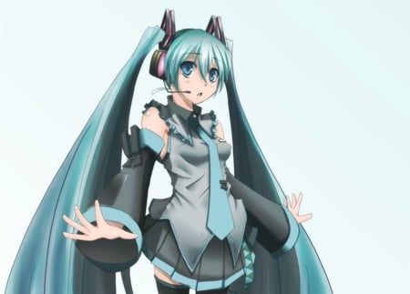 Hatsune Miku - tie, pretty, artistic, microphones, uniform, headphones, nice, program, thighhighs, beauty, virtual, cg, white, gray, cute, aqua eyes, song, outfit, vocaloid, anime, blue, twintail, hatsune miku, music, aqua, stockings, art, idol, anime girl, skirt, beautiful, singer, girl, cool, black, miku, awesome, diva, digital, aqua hair, hatsune, vocaloids, headset