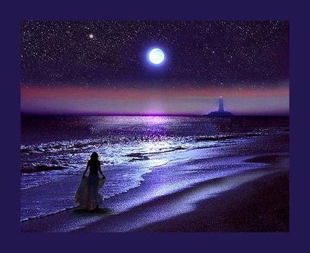 Purple night - colour, beach, purple dreams, stars, feeling, lighyhouse, shore, purple, missing, sky, moon, lighthouse, beautiful girl, water, girl, sea, beauty, love, woman, thinking