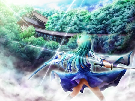 Kochiya Sanae - trees, weapon, long hair, green hair, kochiya sanae