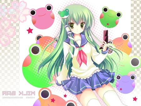 Kochiya Sanae - gree, ribbon, blush, bow, long hair, frog, uniform, kochiya sanae