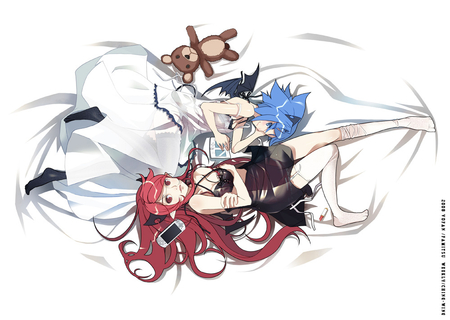 Original - psp, dress, long hair, red eyes, short hair, red hair, bed, animal, 2girls, blue hair, blue eyes