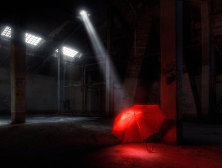 Lighting Red Umbrella - abstract, red umbrella, photo, light, shine