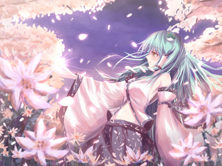 Kochiya Sanae - flowers, glow, beauty, night, long hair, petals, kochiya sanae