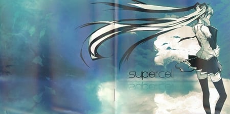 Hatsune Miku ft Supercell - aqua, thighhighs, music, anime girl, stockings, white, art, cool, aqua eyes, artistic, hatsune miku, skirt, song, vocaloids, program, vocaloid, beautiful, uniform, diva, nice, beauty, sky, supercell, singer, aqua hair, black, virtual, pretty, idol, clouds, anime, miku, cute, girl, cg, hatsune, tie, digital, awesome, outfit