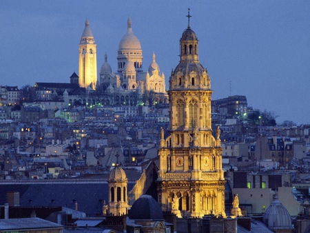 From a rooftop - europe, evening, night, church, rooftop, religious, paris, view, france, sky, image, photography, city, architecture, buildings, photograph, lights, wall, wallpaper