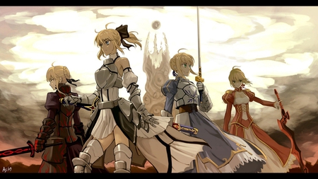 Saber - cloud, white, sword, four, warrior girls, fate stay night, saber, anime