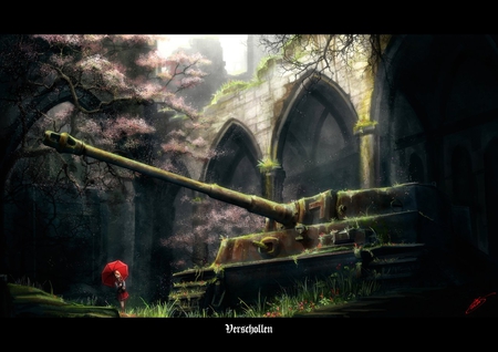 Alone - red, old, tank, building, lone girl, tree, anime, umbrella