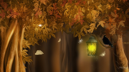 Light Up the Night - bird, trees, raven, colored leaves, light, orange, fall, autumn, butterfly, dragonfly