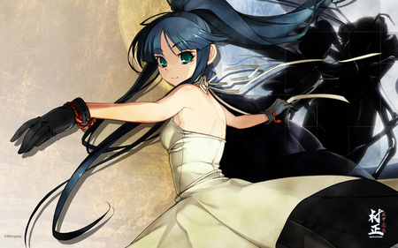 Full Metal Demon Muramasa - pretty, anime girl, gun, beautiful, hot, full metal demon muramasa, beauty, green eyes, long hair, stunning, blue hair, cute, weapon, sexy