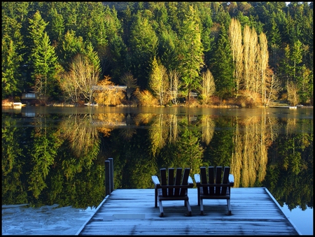 Tranquility... - heaven, silence, blue, landscape, chairs, forest, photo, reflection, corner, admiration, trees, water, image, beautiful, peacefull, beauty, pontoon, nature, tranquility, green, lakes