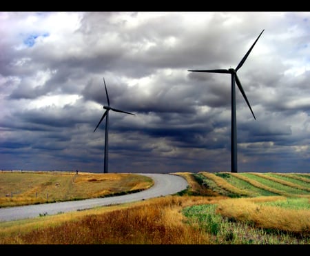 Need some wind! - fields, turbine, sky, wind turbine, nature, white, abstract, yellow, 3d, blue, clouds, hdr, grass