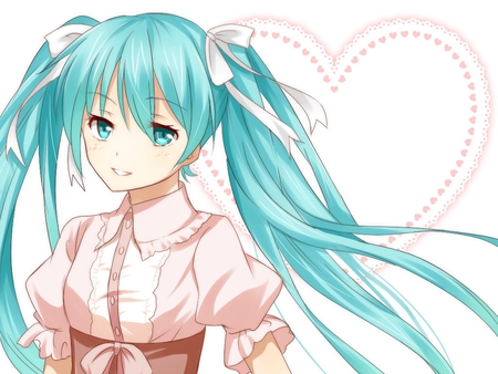 Hatsune Miku - outfit, virtual, miku, digital, vocaloids, song, uniform, singer, cool, pink, awesome, vocaloid, anime, twintail, blue, cg, aqua hair, beauitful, hatsune, black, cute, girl, anime girl, white, heart, program, aqua eyes, artistic, pretty, aqua, beauty, art, diva, nice, idol, music, hatsune miku