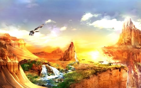 Freedom - sky, mountains, orange, yellow, waterfalls, painting, drawing