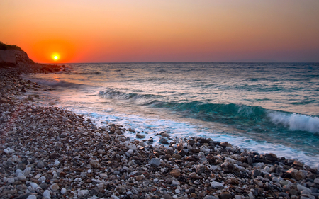 Sunset-HDR - nice, beauty, sky, beach, photography, sun, water, sunset, rocks, view, pretty, cool, romance, hdr, ocean, landscape, lovely, waves, nature, beautiful, scenery, stones, colors, photo, sea