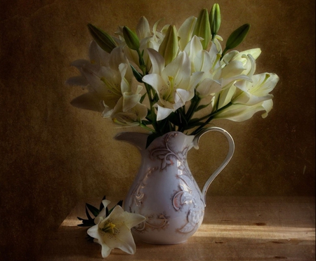 still life - pretty, elegantly, lilies, photo, flowers, nice, gently, beautiful, photography, beauty, kettle, lovely, cool, still life, flower, bouquet, lily, harmony, white