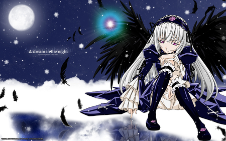 A Dream in The Night - moon, lonely, silver hair, anime, girl, night